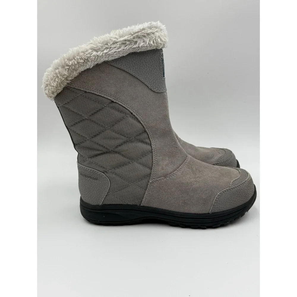 Columbia Ice Maiden II Gray Suede/Fabric Faux Fur Trim‎ Slip-On Snow Boots 5.5
